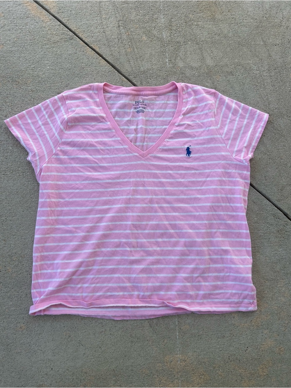 Polo by Ralph Lauren Pink and White Striped V-Neck Tee